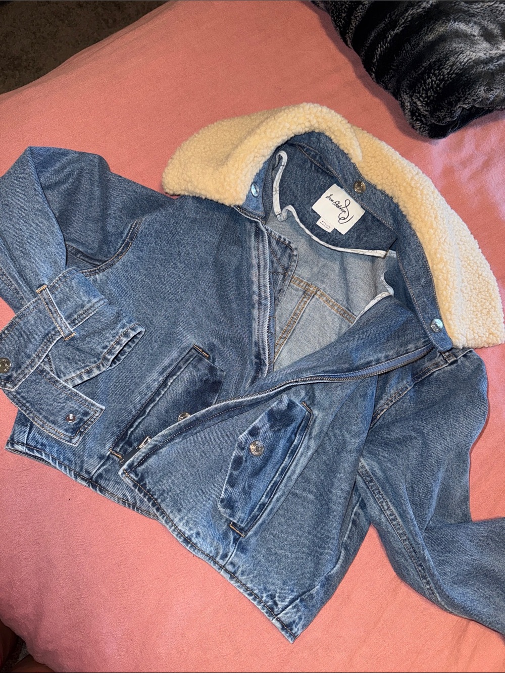 Sam Edelman Blue Denim Jacket with Cream Sherpa Collar